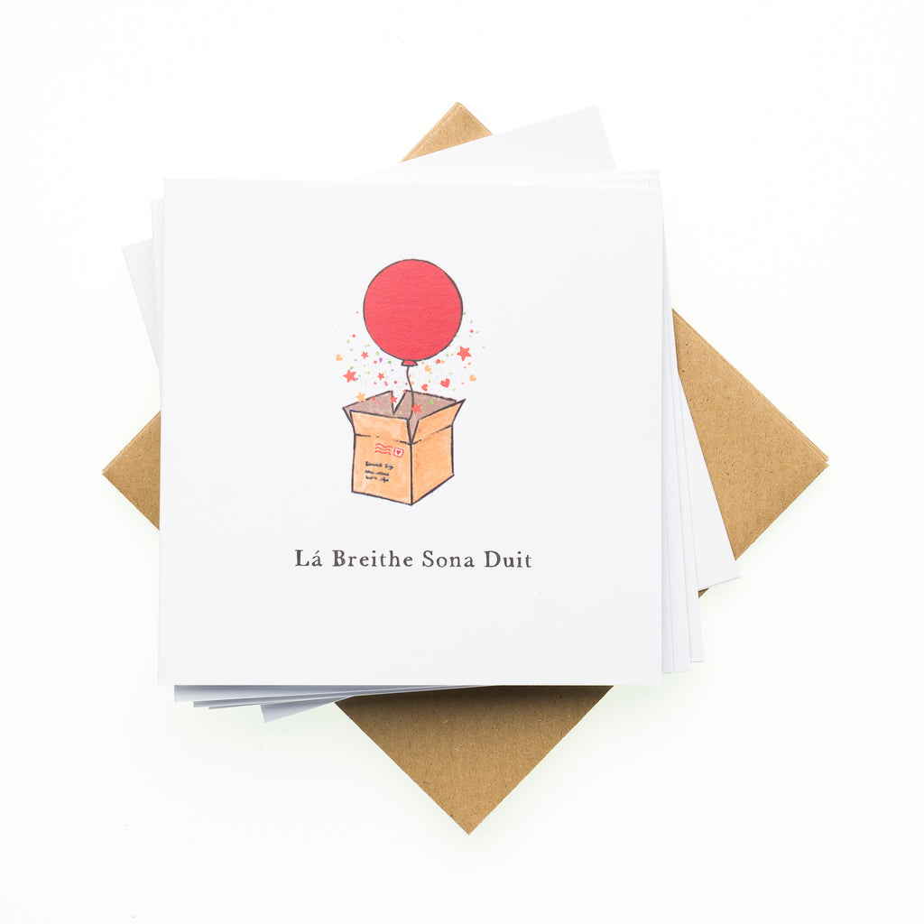 Pack of 6 Cards- Irish Box and Balloon Happy Birthday