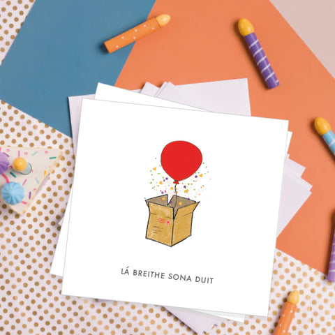 Pack of 6 Cards- Irish Box and Balloon Happy Birthday