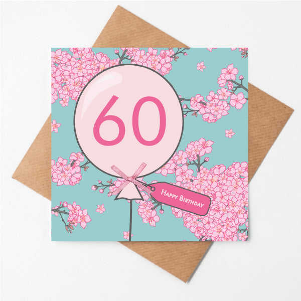 60th Birthday Cherry Blossom Balloon Card