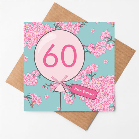 60th Birthday Cherry Blossom Balloon Card