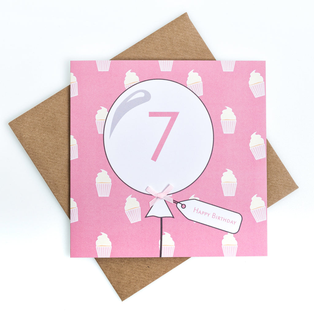 7th Birthday Cupcake Balloon Card