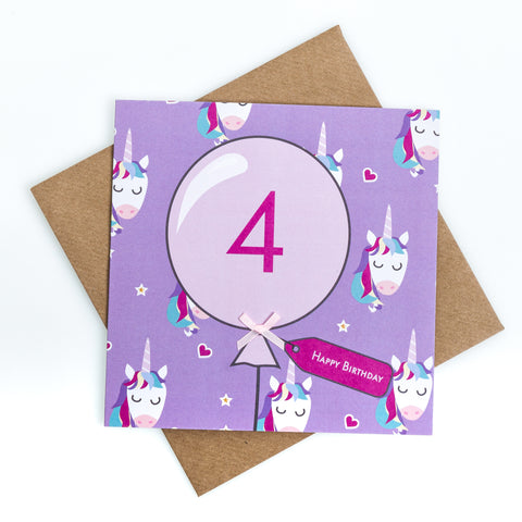 4th Birthday Unicorn Balloon Card