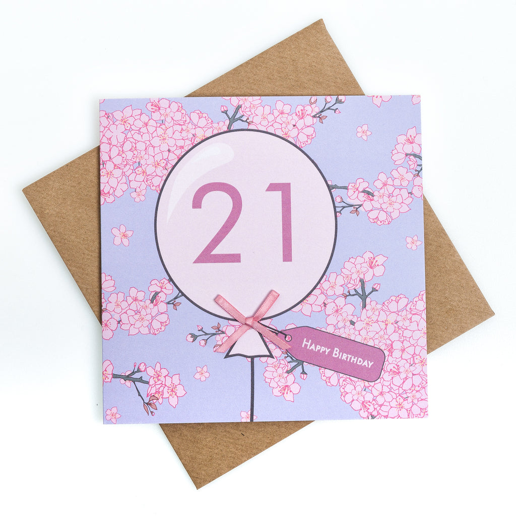 21st Birthday Cherry Blossom Balloon Card