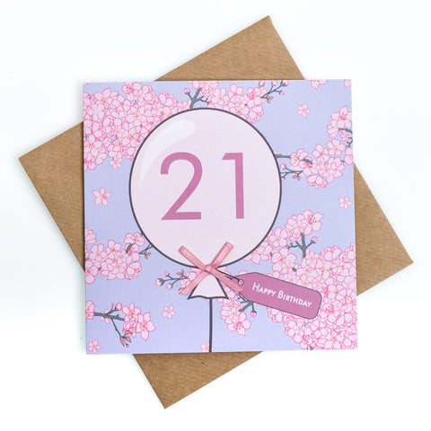 21st Birthday Cherry Blossom Balloon Card